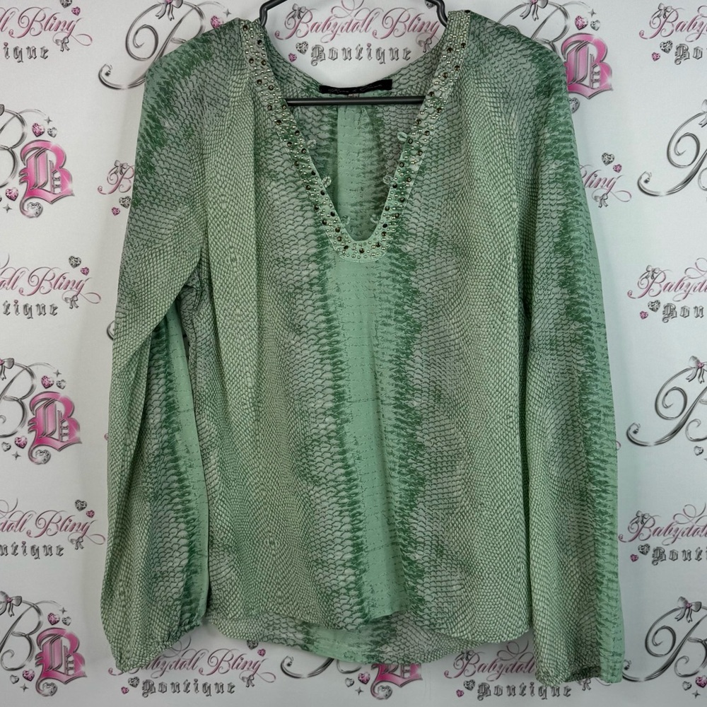 Rose & Olive long sleeve beaded studded neck Snakeskin Patterned Green Blouse
